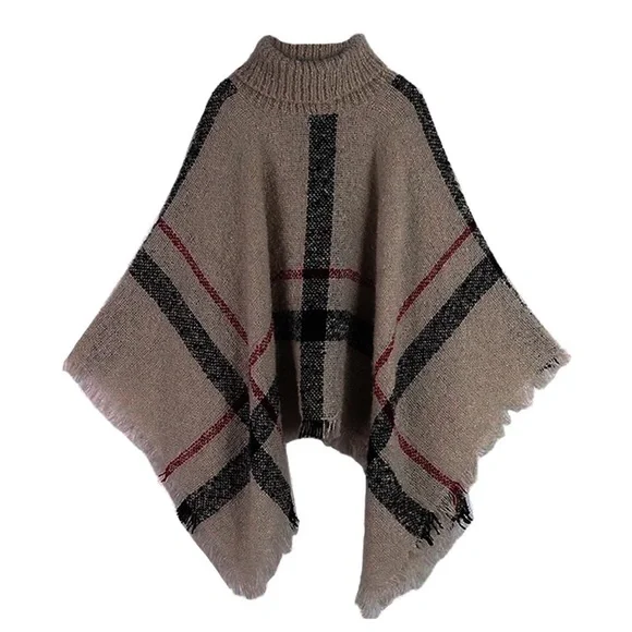 SOLD OUT CLEARANCE Plaid Turtleneck Cape Poncho Knit Sweater - Picture 7 of 7